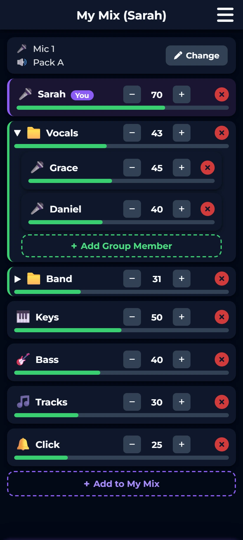 A musician's mix on a phone: a bar at the top showing their microphone and monitor pack, then a row for themselves marked 'You', an opened Vocals group holding two other singers, and rows for the band, keys, bass, tracks and click — each with a minus button, a number, a plus button and a green level bar.